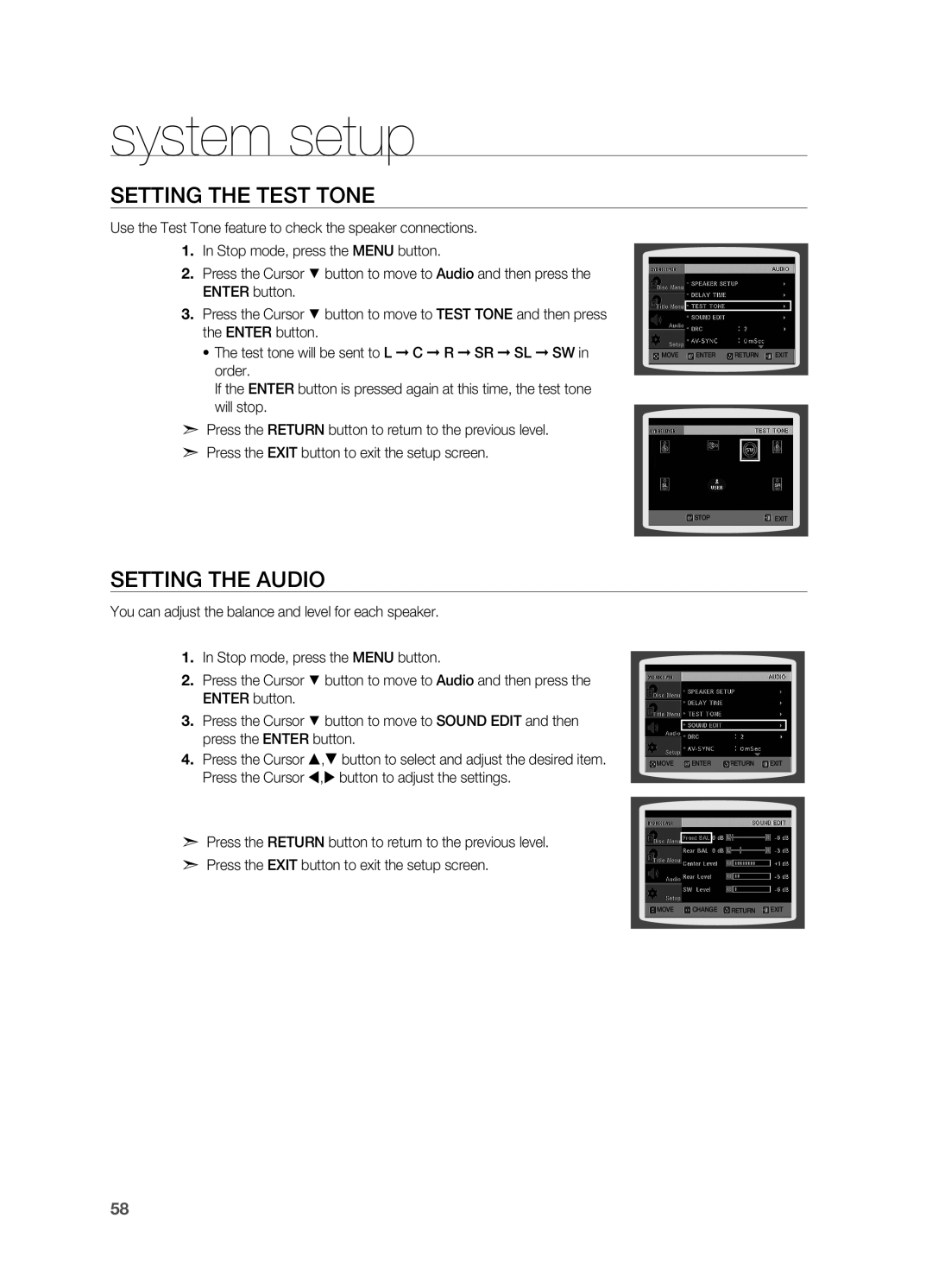 Samsung HT-TZ515 user manual Setting the Test Tone, Setting the Audio, system setup 