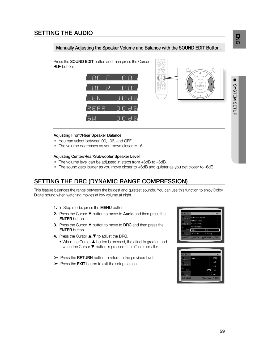 Samsung HT-TZ515 user manual SETTINg THE AUDIO, SETTINg THE DrC DYNAMIC rANgE COMPrESSION 