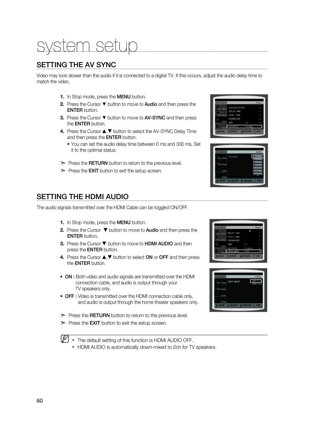 Samsung HT-TZ515 user manual Setting the AV SYNC, Setting the HDMI Audio, system setup 