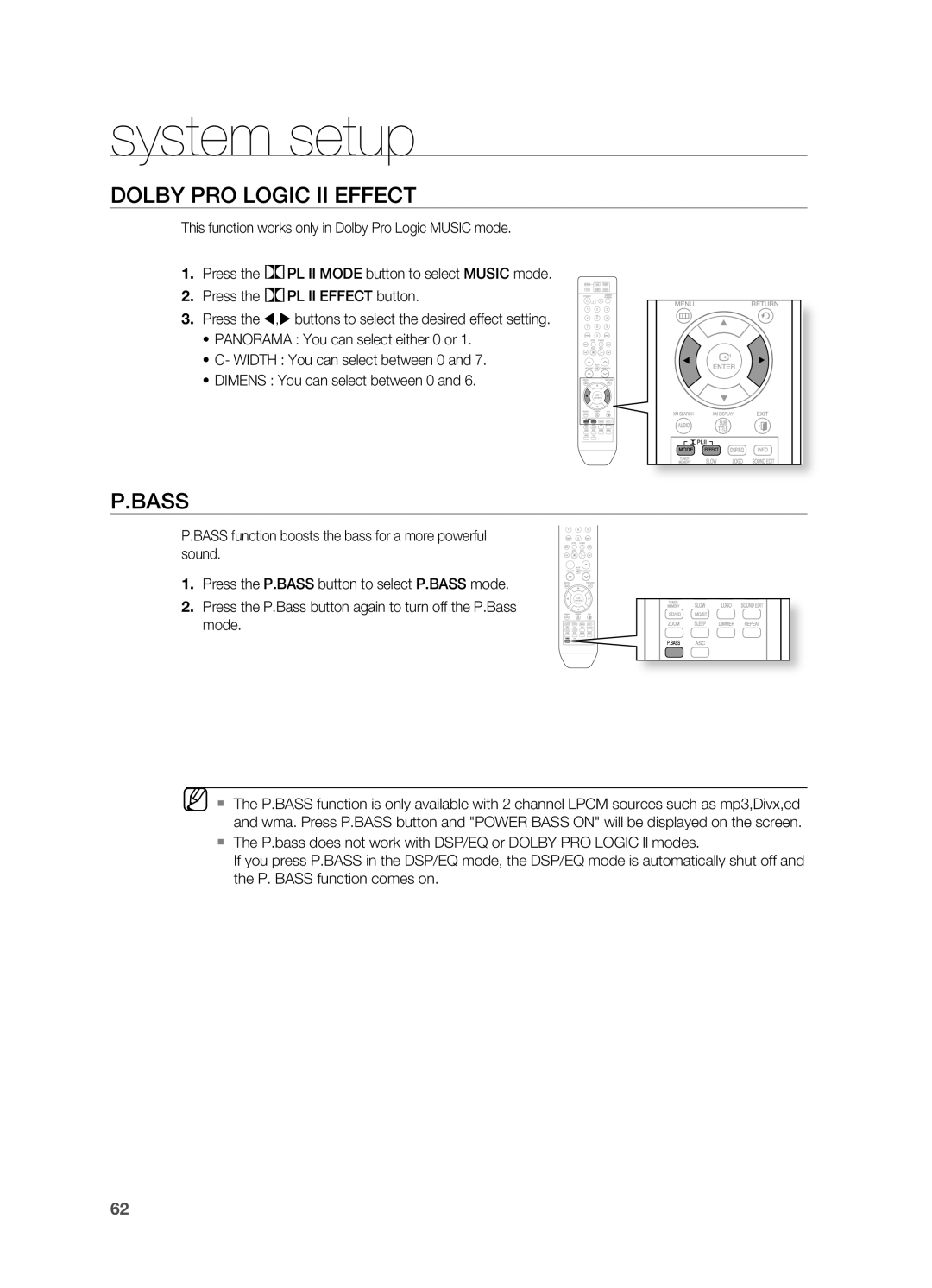 Samsung HT-TZ515 user manual DOLBY PrO LOgIC II EFFECT, P.Bass, system setup 