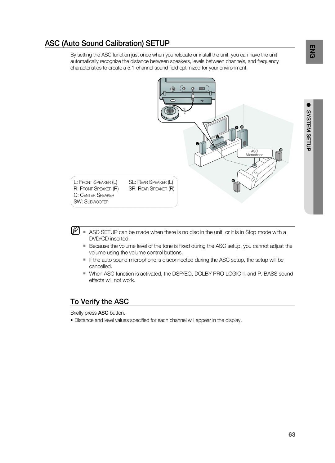 Samsung HT-TZ515 user manual ASC Auto Sound Calibration SETUP, To Verify the ASC 