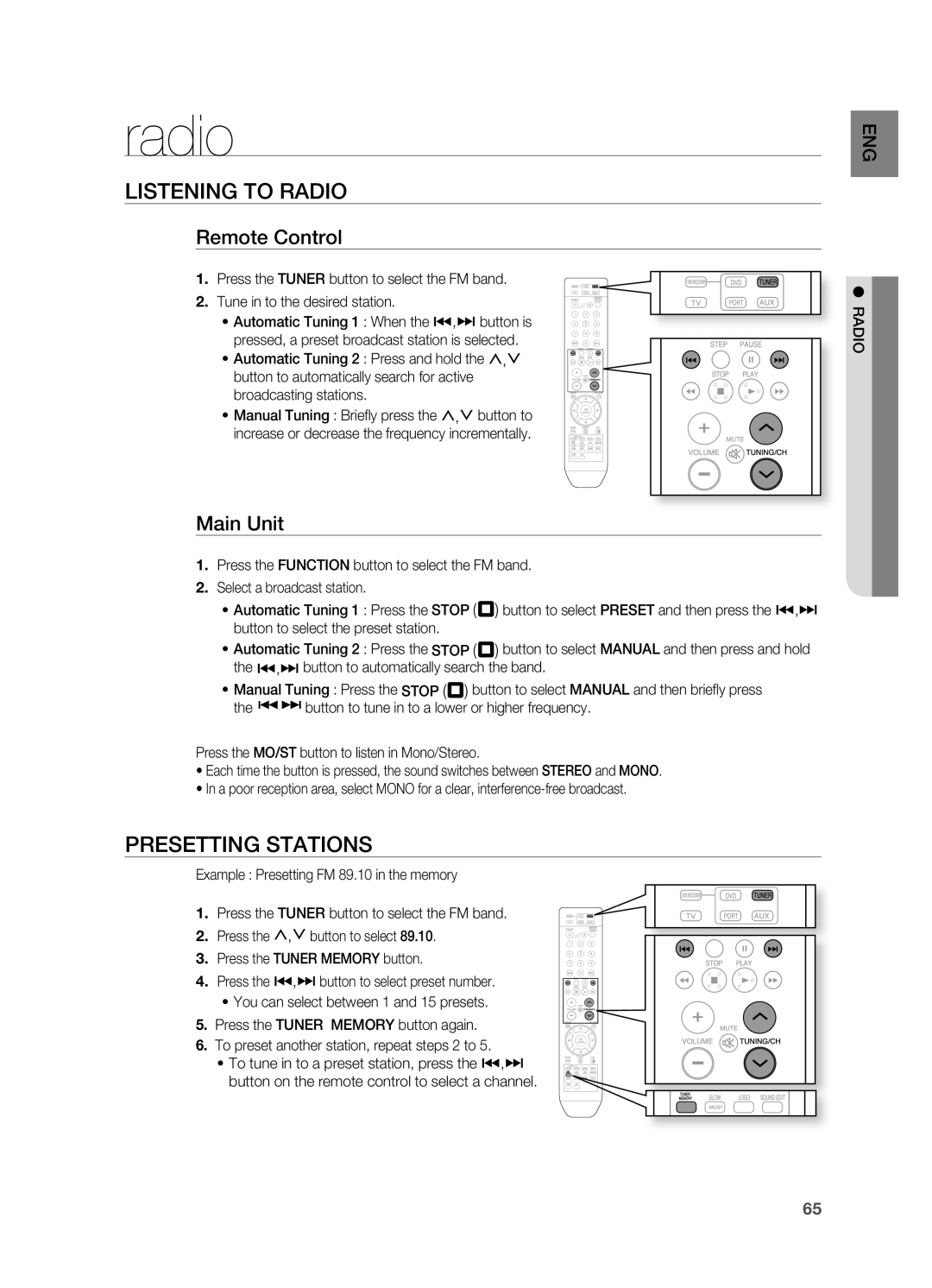 Samsung HT-TZ515 user manual radio, LISTENINg TO rADIO, PrESETTINg STATIONS 