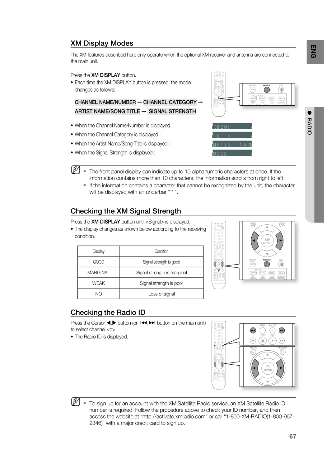 Samsung HT-TZ515 user manual XM Display Modes, Checking the XM Signal Strength, Checking the radio ID 