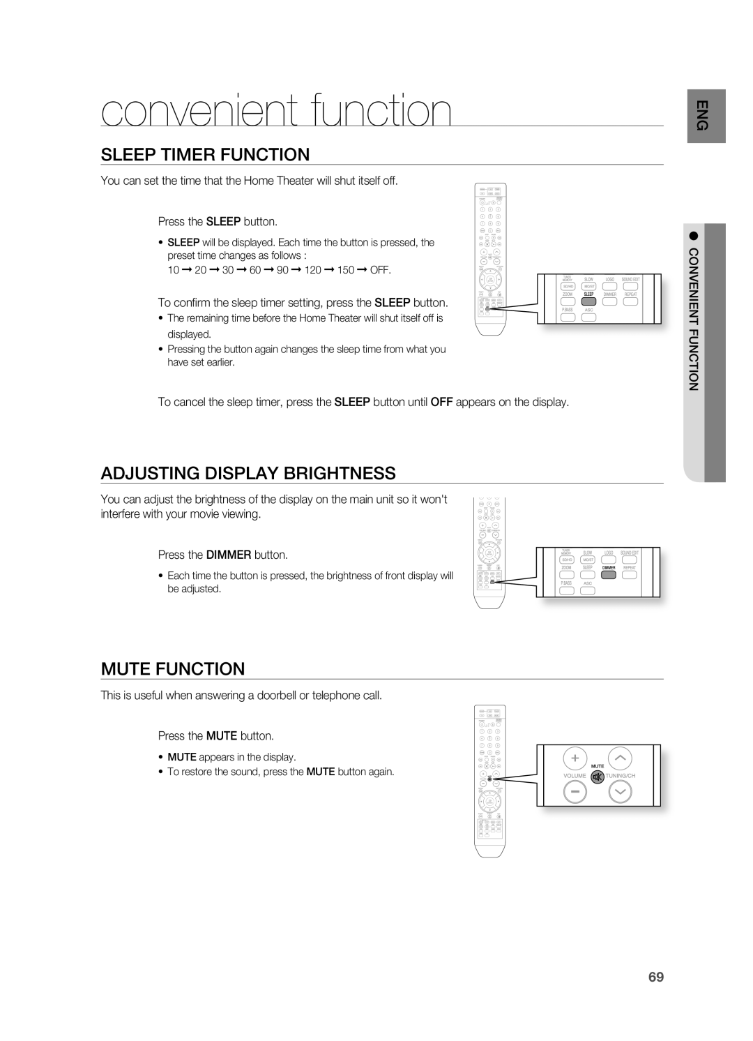 Samsung HT-TZ515 user manual convenient function, SLEEP TIMEr FUNCTION, ADJUSTINg DISPLAY BrIgHTNESS, Mute Function 