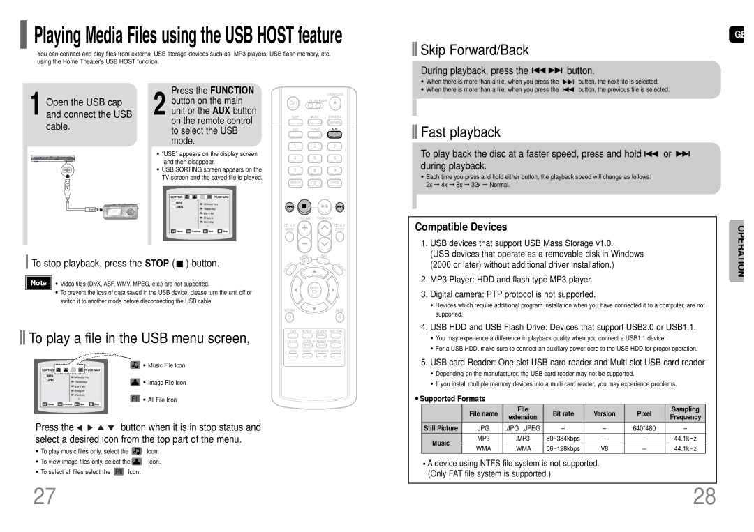 Samsung HT-UP30 Compatible Devices, To stop playback, press the Stop button, USB devices that support USB Mass Storage 