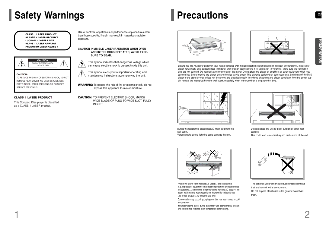 Samsung HT-UP30 instruction manual Safety Warnings PrecautionsGB, Class 1 Laser Product 