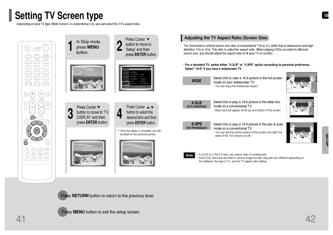 Samsung HT-UP30 instruction manual Stop mode, Press Menu, Button, Adjusting the TV Aspect Ratio Screen Size 