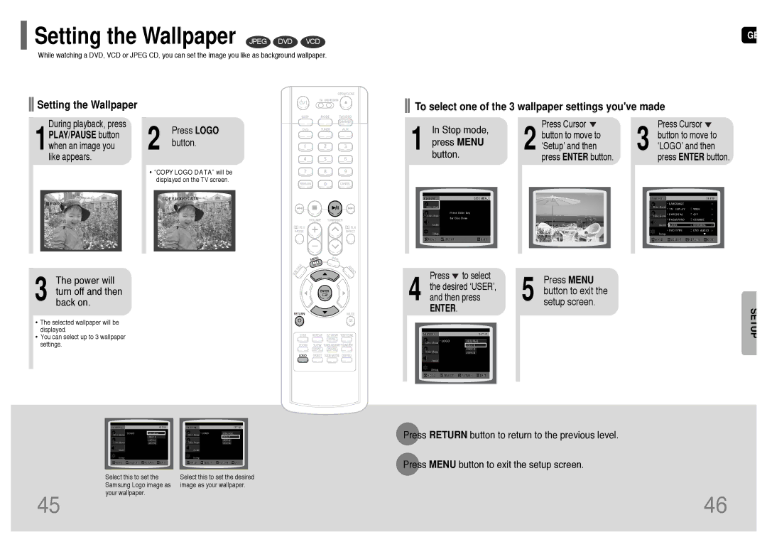 Samsung HT-UP30 Setting the Wallpaper Jpeg DVD VCD, To select one of the 3 wallpaper settings youve made, Button 