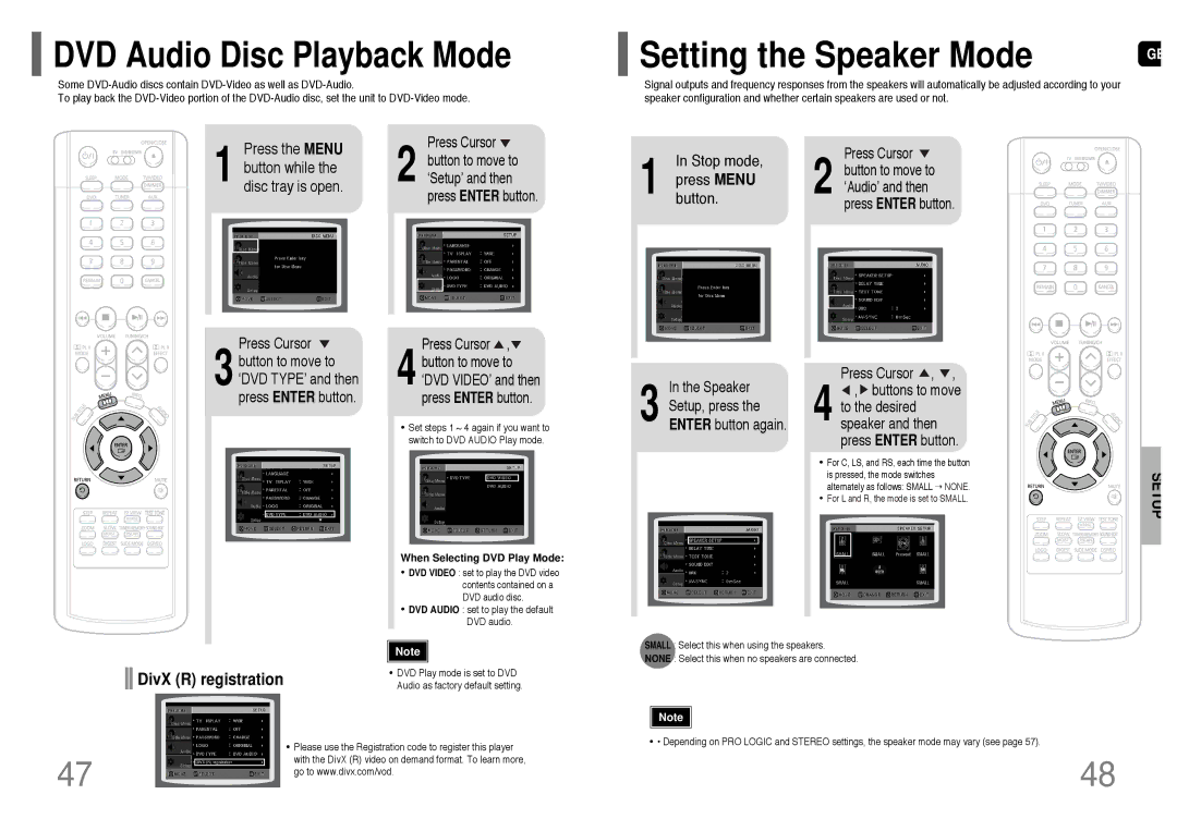 Samsung HT-UP30 instruction manual Setting the Speaker Mode, DVD Audio Disc Playback Mode, DivX R registration 