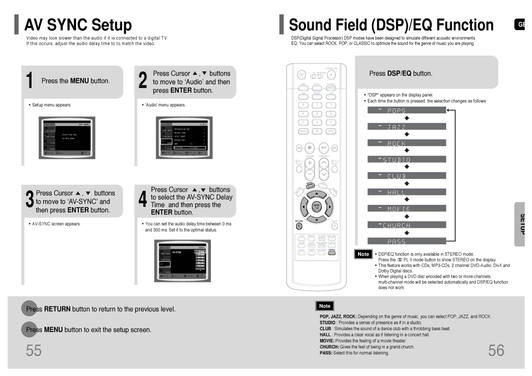 Samsung HT-UP30 instruction manual AV Sync Setup, Press DSP/EQ button 