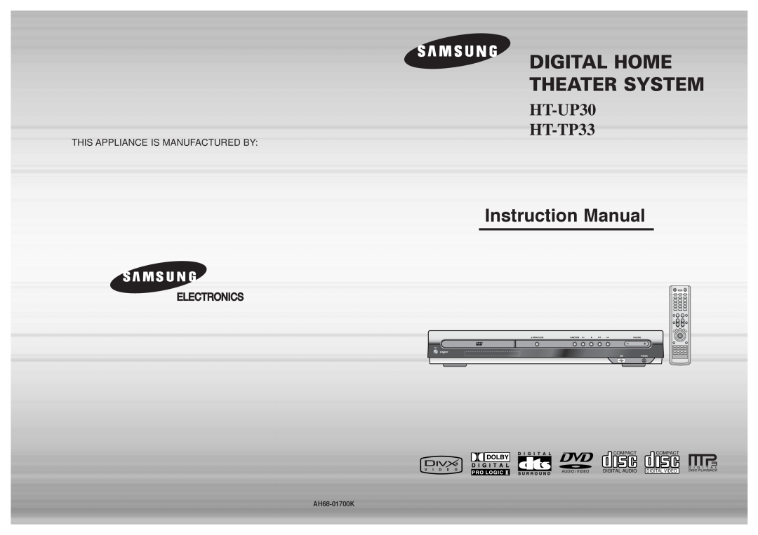 Samsung instruction manual Digital Home Theater System, HT-UP30 HT-TP33, This Appliance Is Manufactured By 
