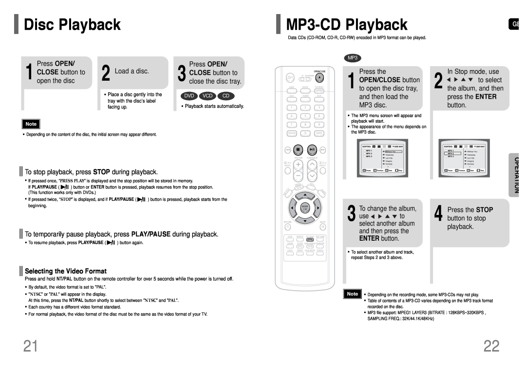 Samsung HT-UP30 Disc Playback, MP3-CD Playback, OPEN/CLOSE button to open the disc tray, and then load the MP3 disc 