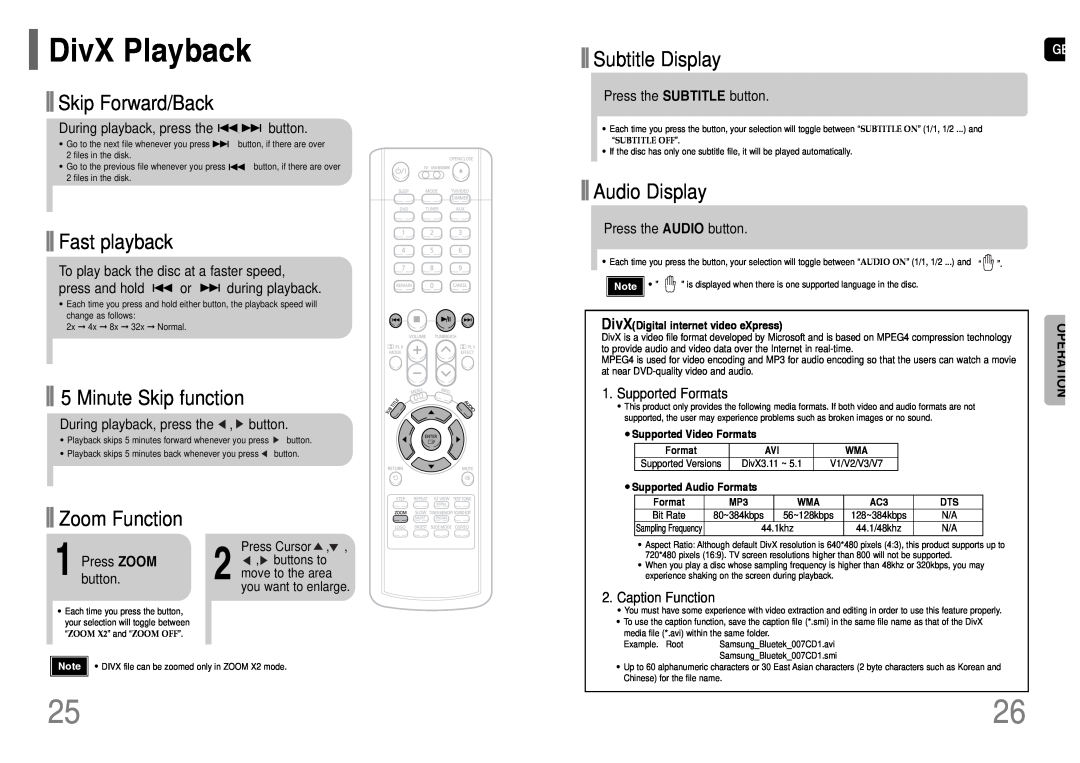 Samsung HT-UP30 DivX Playback, Subtitle Display, Skip Forward/Back, Fast playback, Minute Skip function, Audio Display 