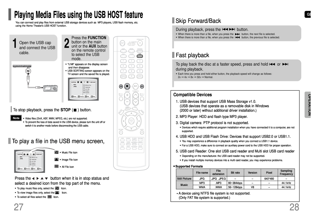 Samsung HT-UP30 Playing Media Files using the USB HOST feature, To play a file in the USB menu screen, Compatible Devices 