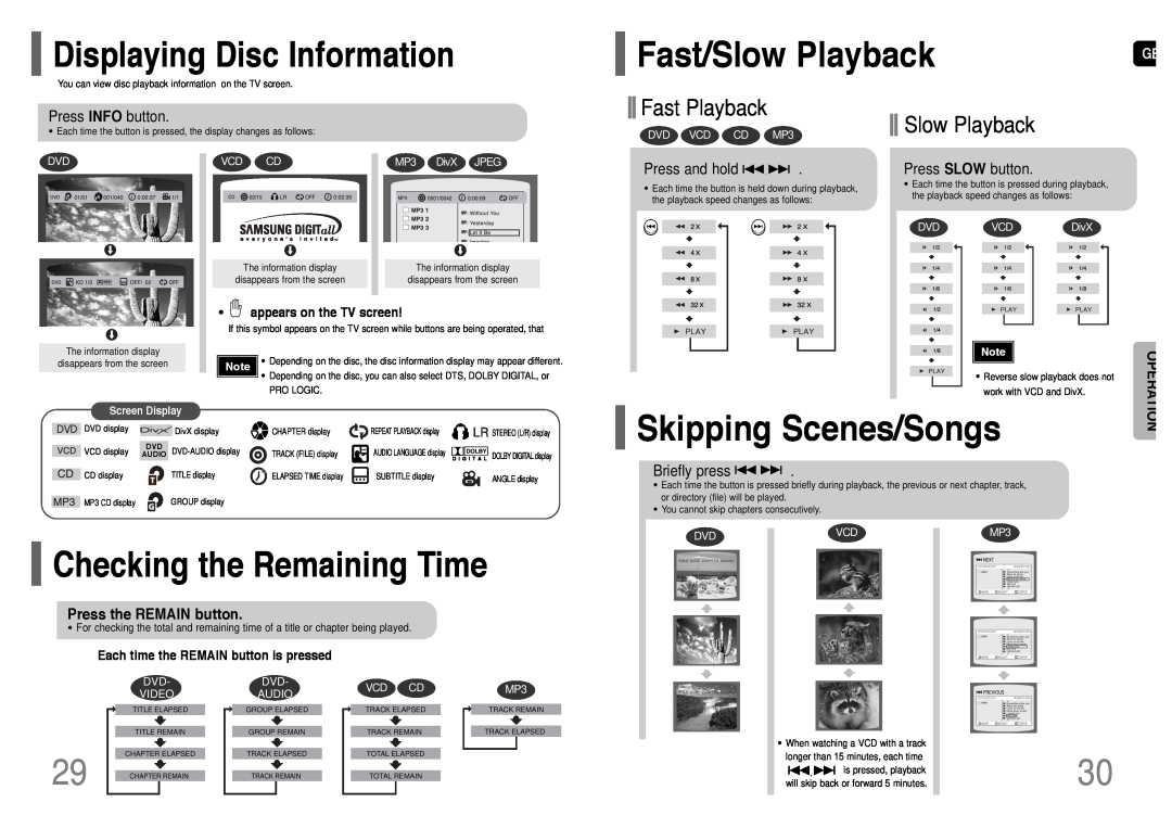 Samsung HT-UP30 Fast/Slow Playback, Skipping Scenes/Songs, Displaying Disc Information, Checking the Remaining Time 