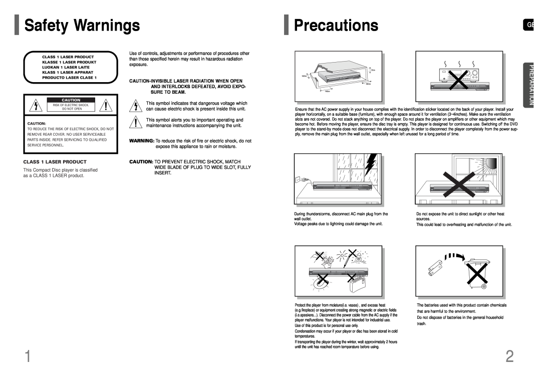 Samsung HT-UP30 instruction manual Safety Warnings, PrecautionsGB, Preparation, CLASS 1 LASER PRODUCT 