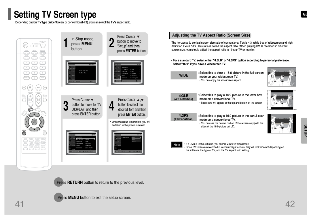 Samsung HT-UP30 Setting TV Screen type, Setup, In Stop mode, press MENU, button, Adjusting the TV Aspect Ratio Screen Size 