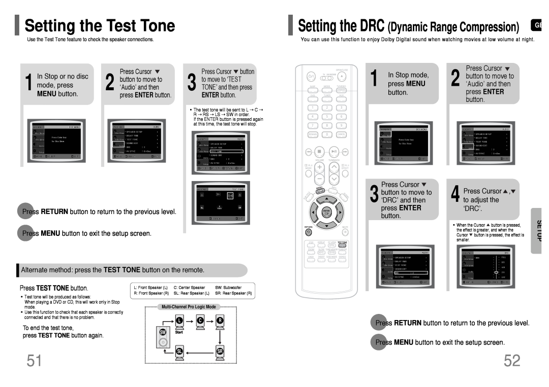 Samsung HT-UP30 instruction manual Setting the Test Tone, Setting the DRC Dynamic Range Compression, Setup 