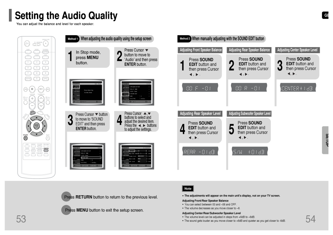 Samsung HT-UP30 Setting the Audio Quality, Press SOUND 1 EDIT button and then press Cursor, button to move to, 1 In, Setup 