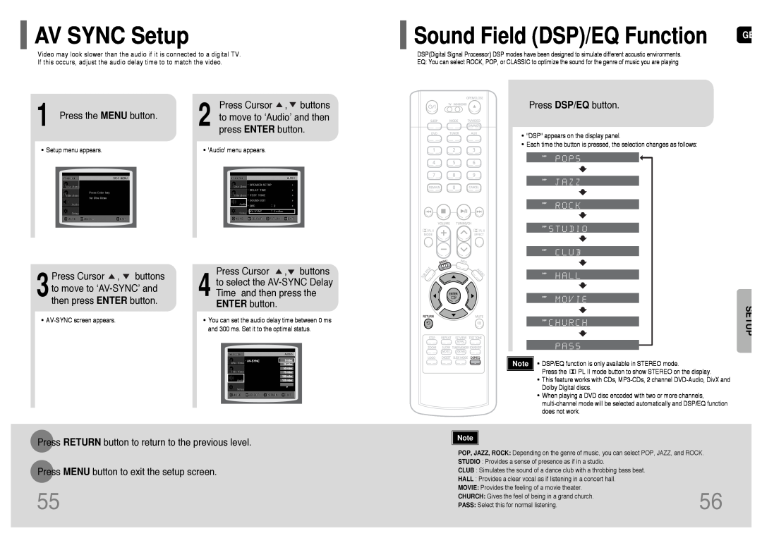Samsung HT-UP30 instruction manual AV SYNC Setup, Sound Field DSP/EQ Function 