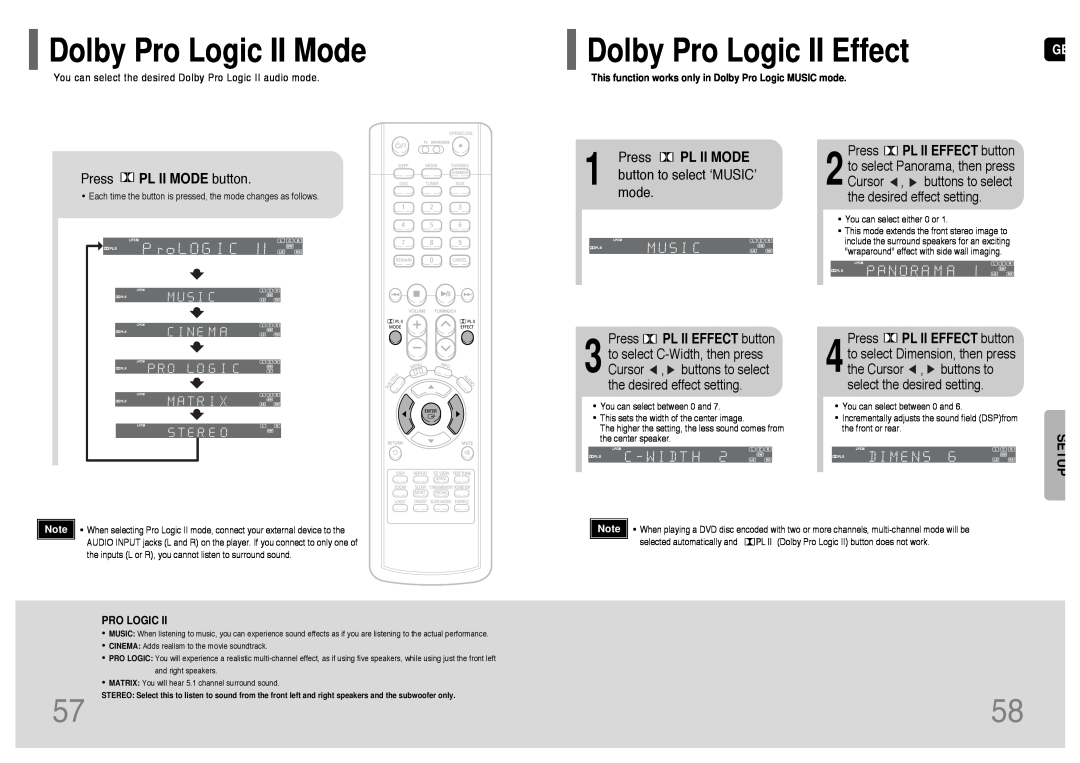 Samsung HT-UP30 Dolby Pro Logic II Mode, Dolby Pro Logic II Effect, Press PL II MODE button, button to select ‘MUSIC’ 