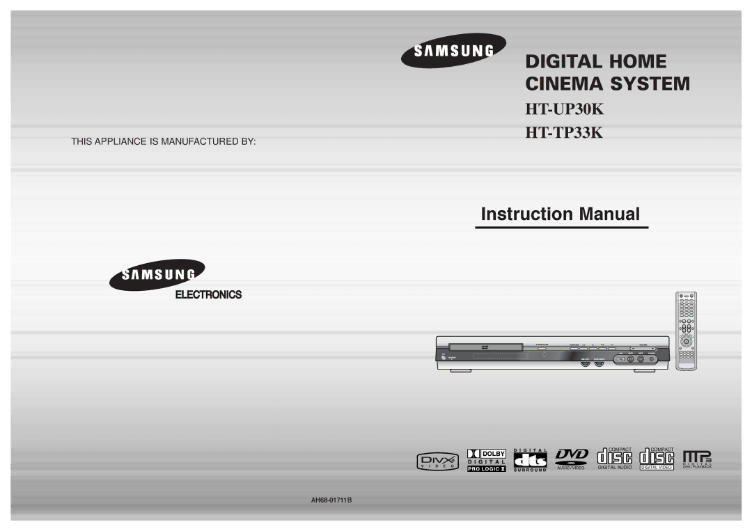 Samsung HT-UP30R/ELS, HT-UP30R/EDC, HT-TP33R/ELS, HT-TP33R/EDC, HT-UP30KR/XFO, HT-TP33KR/XFO manual Digital Home Cinema System 