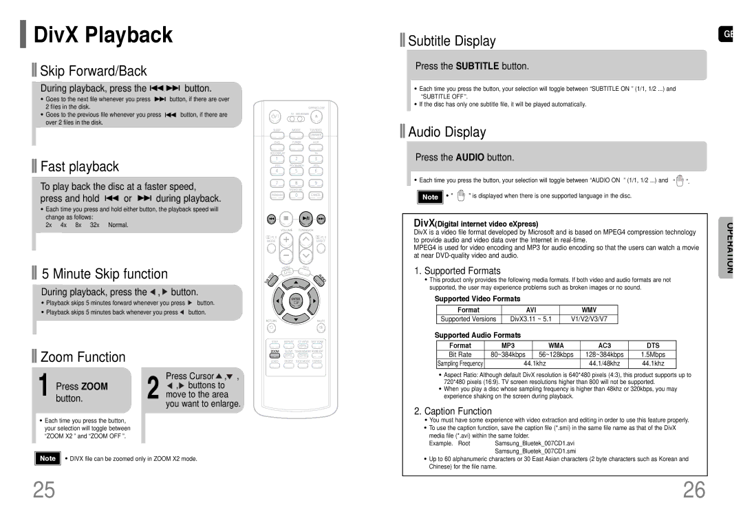 Samsung HT-UP30KR/XFO, HT-TP33KR/XFO manual DivX Playback 