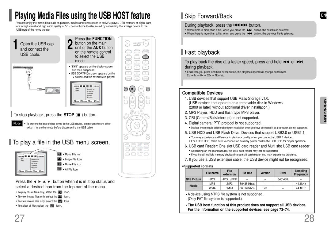 Samsung HT-TP33KR/XFO, HT-UP30KR/XFO manual Compatible Devices, To stop playback, press the Stop button, Supported Formats 