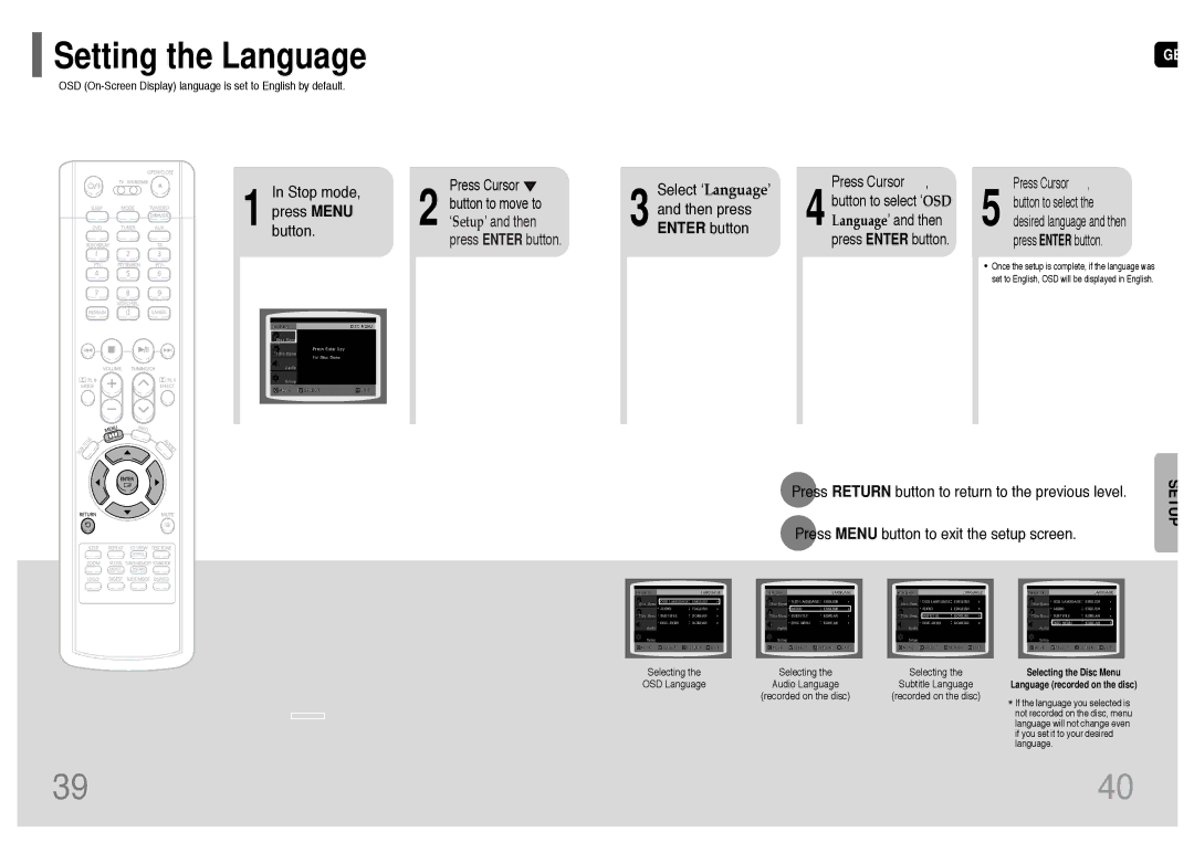 Samsung HT-TP33KR/XFO manual Setting the Language, Stop mode Press Menu button, Select ‘Language’ Then press Enter button 