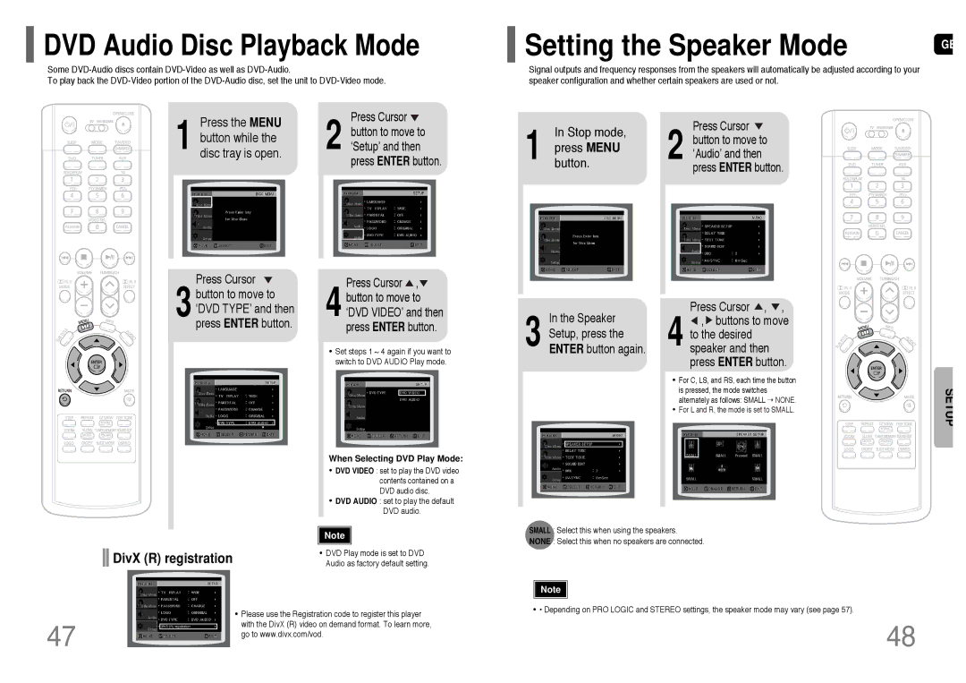 Samsung HT-TP33KR/XFO, HT-UP30KR/XFO manual Setting the Speaker Mode, DVD Audio Disc Playback Mode, DivX R registration 