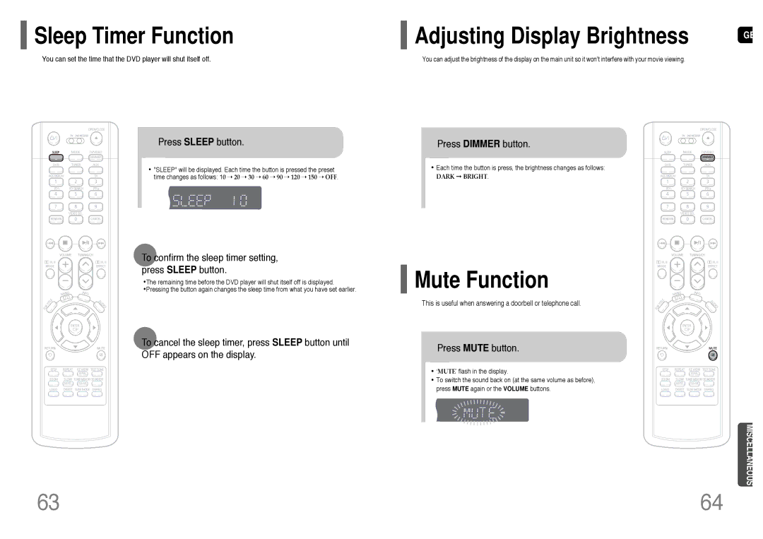 Samsung HT-TP33KR/XFO, HT-UP30KR/XFO manual Sleep Timer Function, Mute Function 