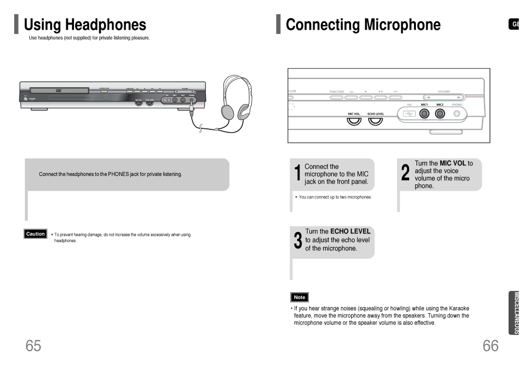 Samsung HT-UP30KR/XFO Using Headphones, Connect the microphone to the MIC jack on the front panel, Turn the Echo Level 