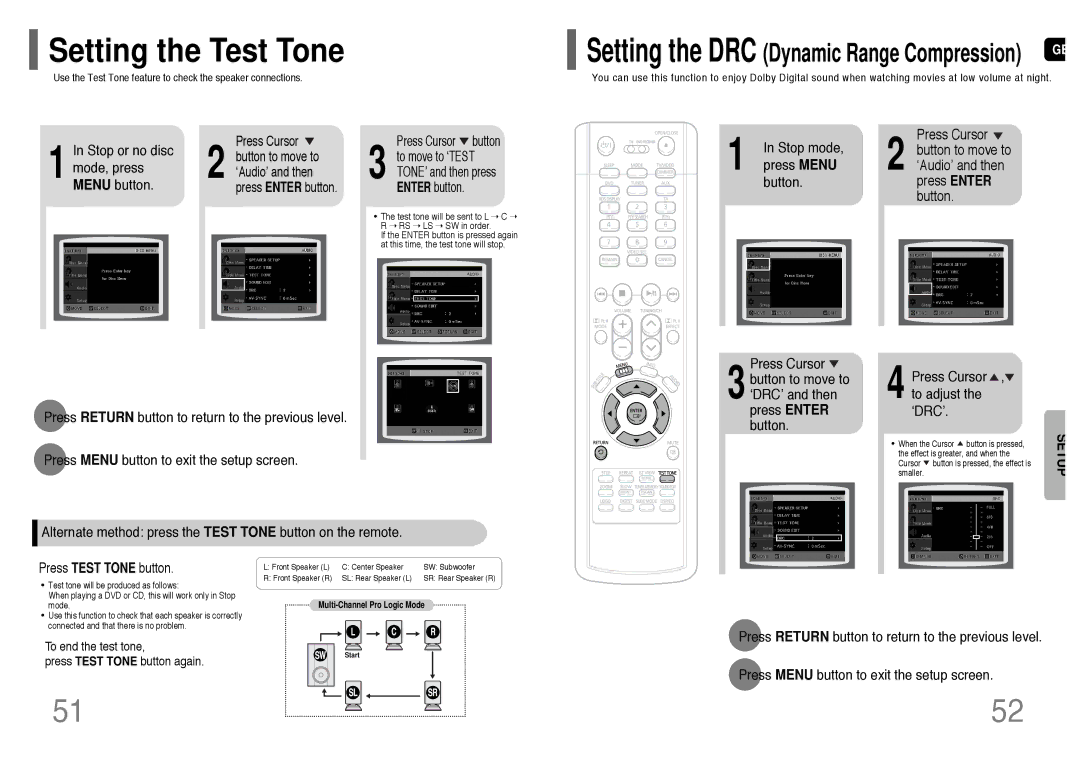 Samsung HT-TP33KR/XFO, HT-UP30R/EDC, HT-UP30R/ELS manual Setting the Test Tone, Stop or no disc, Mode, press, Menu button 