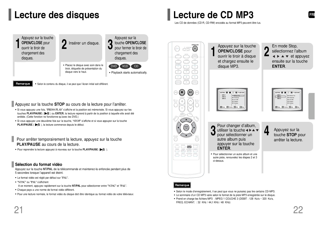 Samsung HT-UP30R/EDC, HT-UP30R/ELS Lecture des disques Lecture de CD MP3, Appuyez sur la touche, Sélection du format vidéo 