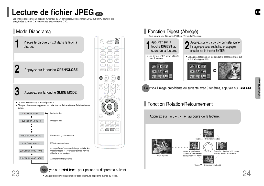 Samsung HT-UP30R/ELS manual Lecture de fichier Jpeg Jpeg, Appuyez sur Pour passer au diaporama suivant, Touche Digest au 