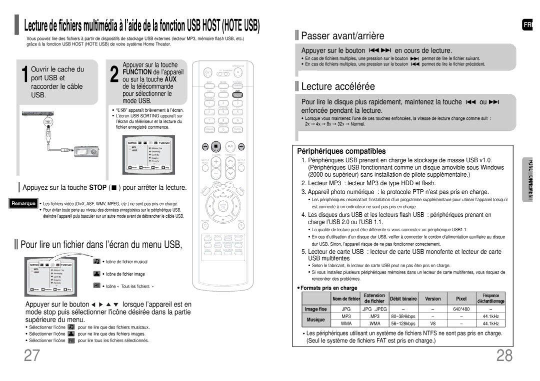 Samsung HT-TP33R/EDC manual Appuyez sur la touche Stop pour arrêter la lecture, Formats pris en charge, 640*480, MP3 