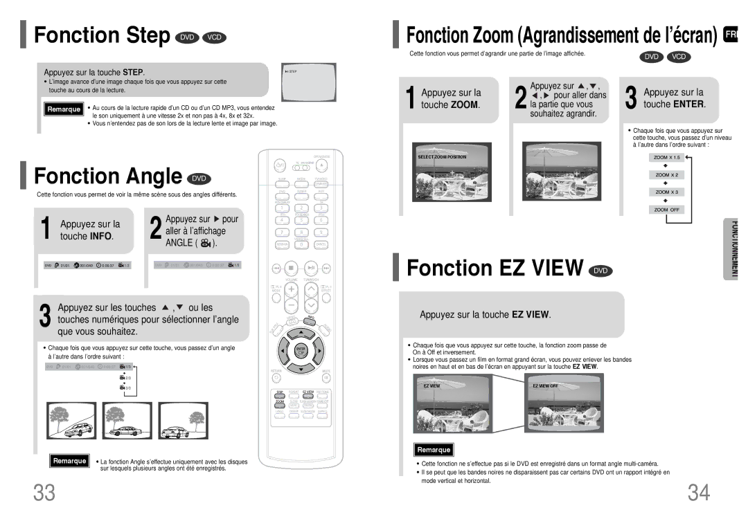 Samsung HT-TP33R/ELS, HT-UP30R/EDC Fonction Step DVD VCD, Fonction Angle DVD, Touche Enter, Appuyez sur la touche EZ View 