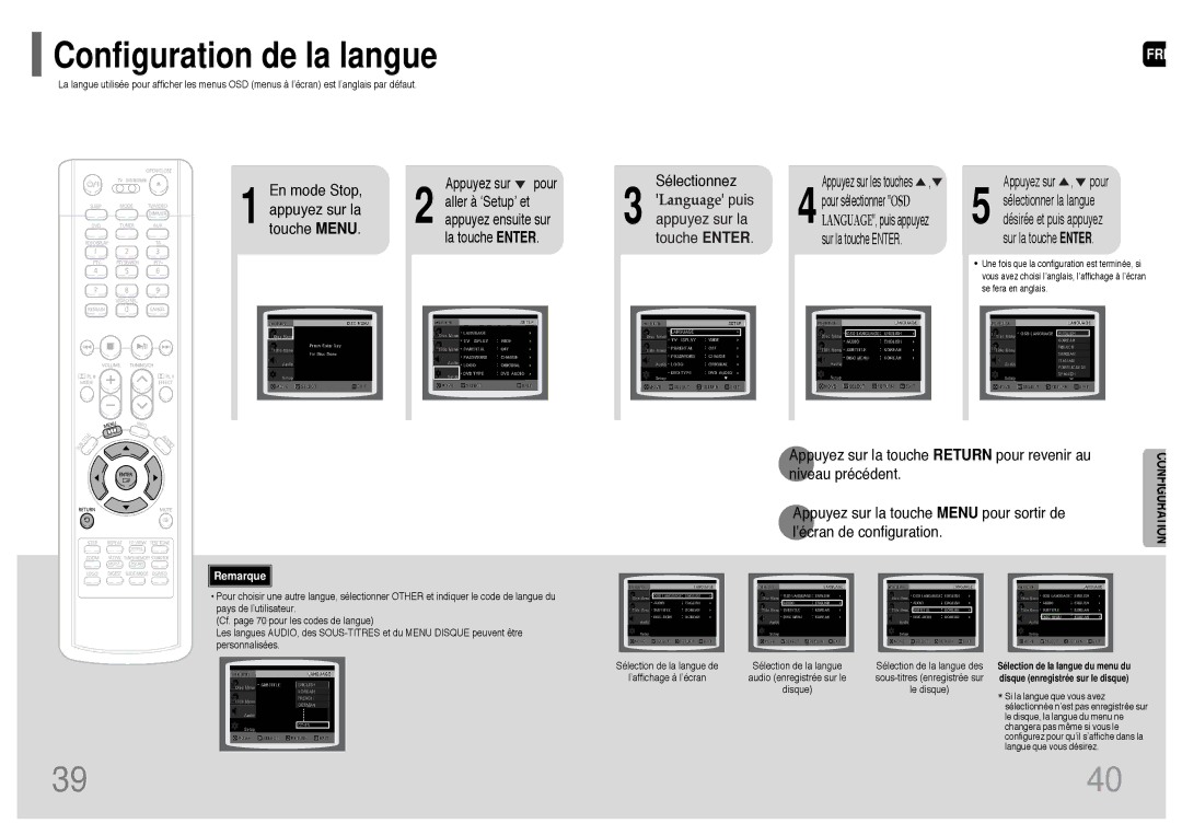 Samsung HT-UP30R/ELS manual En mode Stop, Sélectionnez, Appuyez sur la touche Return pour revenir au, Niveau précédent 