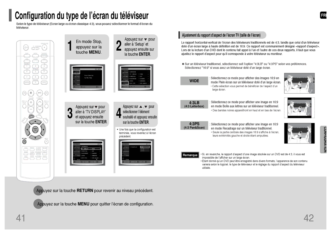 Samsung HT-TP33R/ELS, HT-UP30R/EDC, HT-UP30R/ELS, HT-TP33R/EDC manual Configuration du type de l’écran du téléviseur 