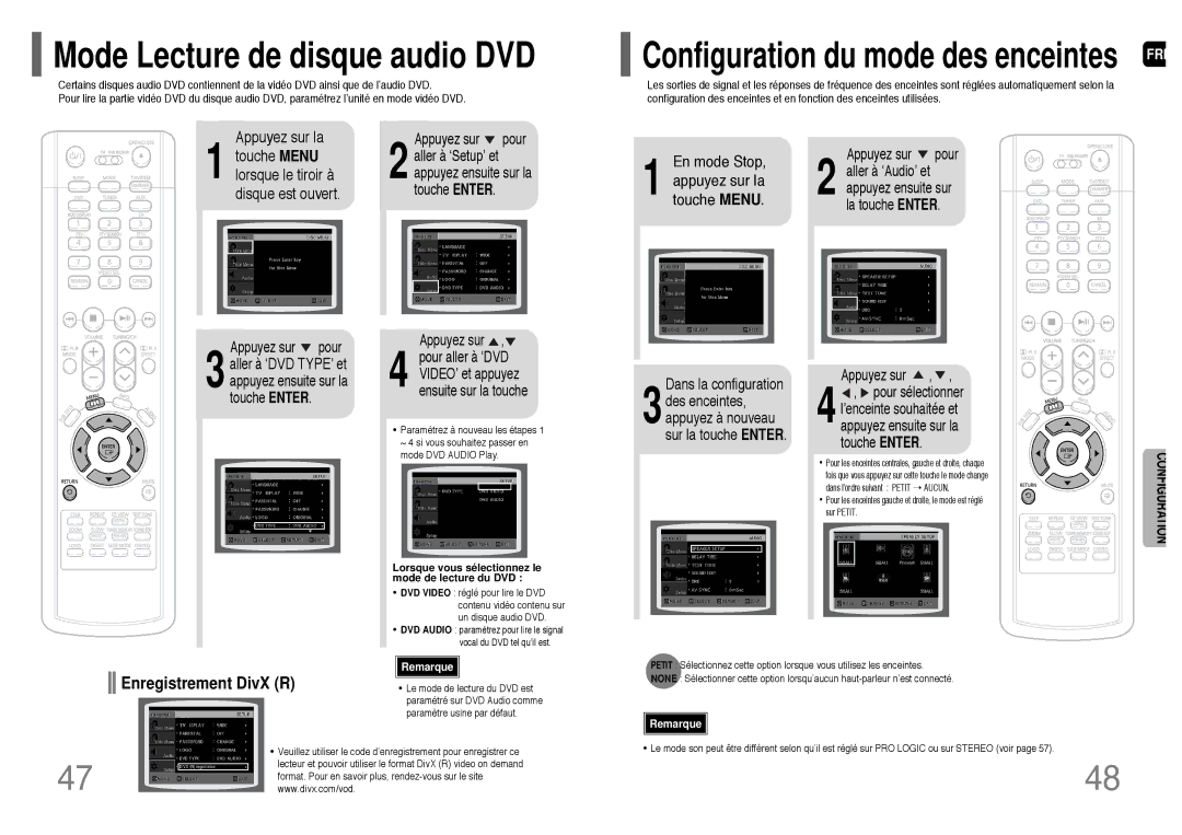 Samsung HT-UP30R/ELS manual En mode Stop Appuyez sur la touche Menu, Lorsque vous sélectionnez le mode de lecture du DVD 