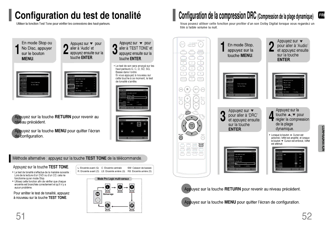 Samsung HT-TP33R/EDC, HT-UP30R/EDC manual Mode Stop ou, Disc, appuyer, Sur le bouton, Appuyez sur la touche Test Tone 