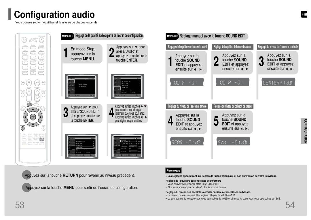 Samsung HT-UP30R/EDC, HT-UP30R/ELS manual Configuration audio, Appuyez sur la Touche Sound Edit et appuyez ensuite sur 