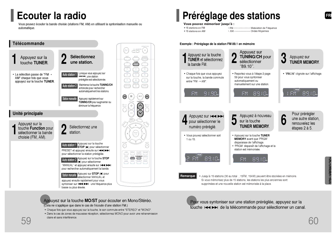 Samsung HT-TP33R/EDC manual Ecouter la radio, Télécommande, Sélectionnez une station, TUNING/CH pour sélectionner ‘’89.10’’ 