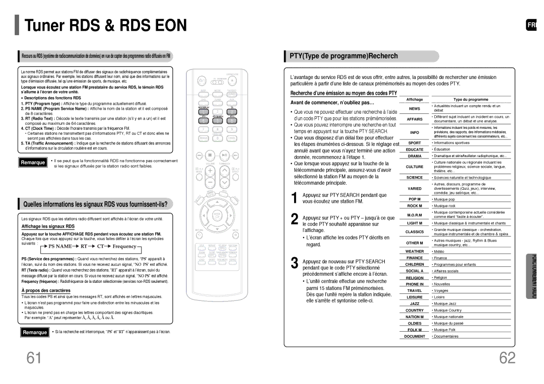 Samsung HT-UP30R/EDC, HT-UP30R/ELS Tuner RDS & RDS EON, PTYType de programmeRecherch, Avant de commencer, n’oubliez pas… 