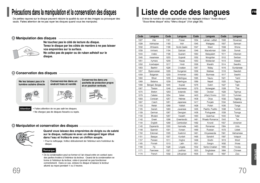 Samsung HT-UP30R/EDC, HT-UP30R/ELS, HT-TP33R/ELS manual Liste de code des langues, Manipulation et conservation des disques 