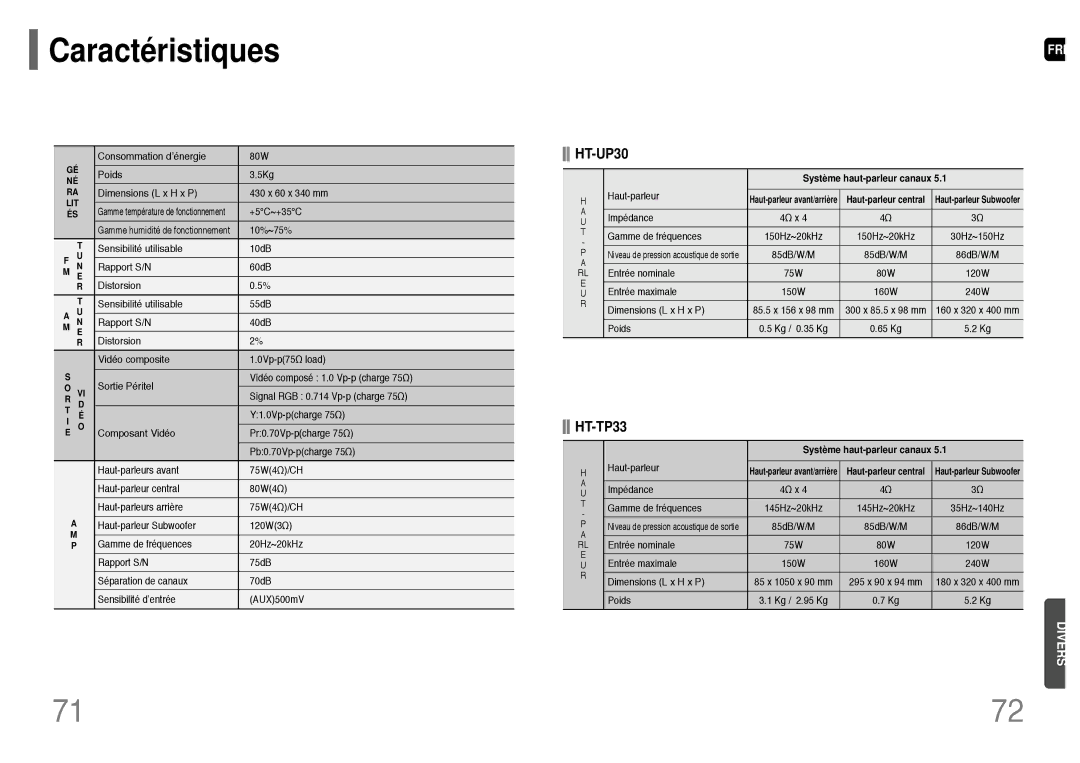 Samsung HT-UP30R/ELS, HT-UP30R/EDC, HT-TP33R/ELS, HT-TP33R/EDC manual Système haut-parleur canaux 