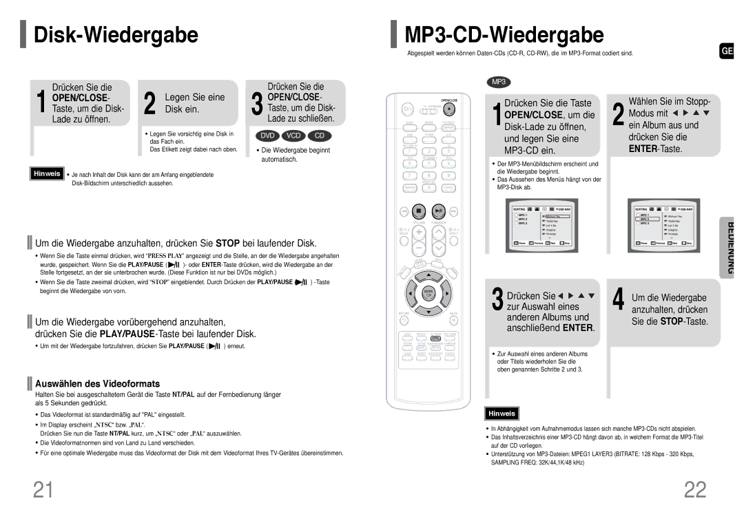 Samsung HT-UP30R/EDC, HT-UP30R/ELS, HT-TP33R/ELS, HT-TP33R/EDC Disk-Wiedergabe MP3-CD-Wiedergabe, Auswählen des Videoformats 