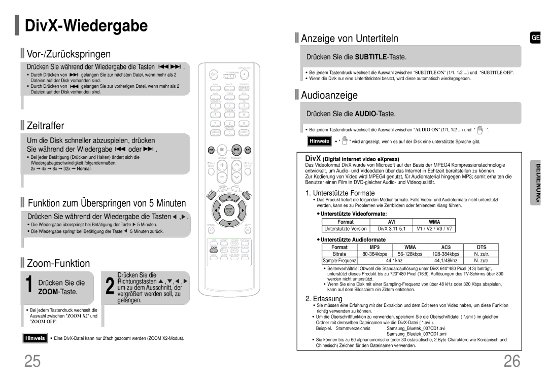 Samsung HT-TP33R/ELS, HT-UP30R/EDC, HT-UP30R/ELS, HT-TP33R/EDC manual DivX-Wiedergabe 