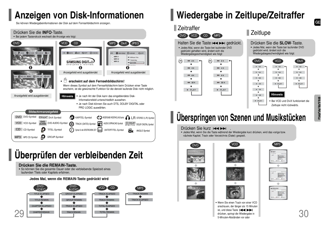 Samsung HT-UP30R/EDC, HT-UP30R/ELS, HT-TP33R/ELS manual Überprüfen der verbleibenden Zeit, Drücken Sie die REMAIN-Taste 