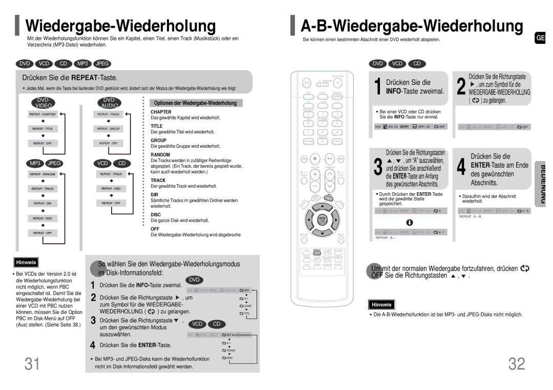 Samsung HT-UP30R/ELS manual Wiedergabe-Wiederholung, Drücken Sie die REPEAT-Taste, Drücken Sie die INFO-Taste zweimal 